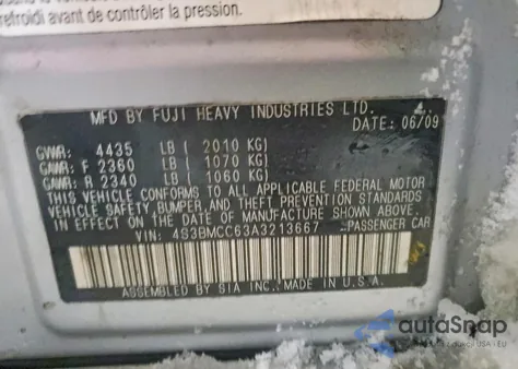 2010 Subaru Legacy 2.5I Premium z USA, uszkodzony, nr VIN 4S3BMCC63A3213667